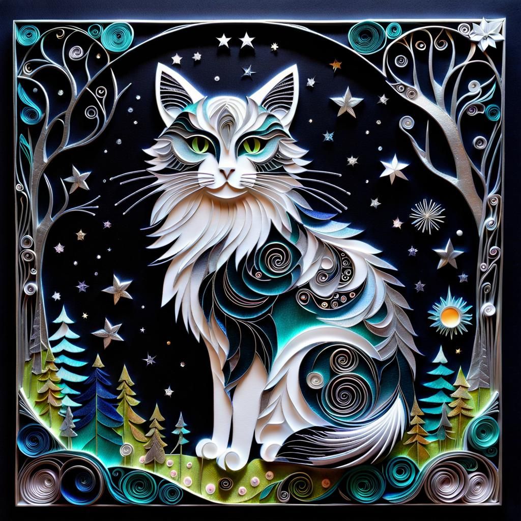 Surreal Starlit Cat World in Silver Leaf Art