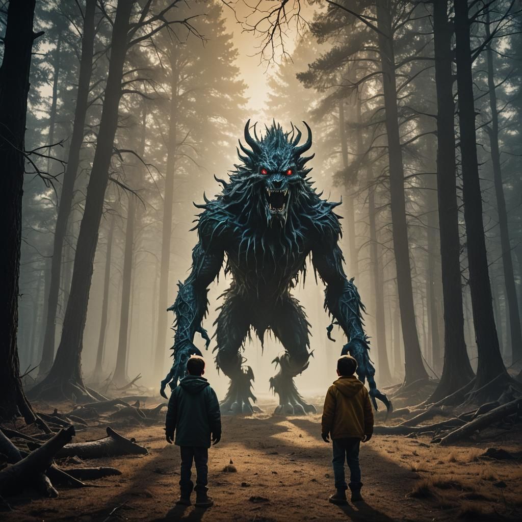 Eerie Skinwalker and Boy in Dark Forest