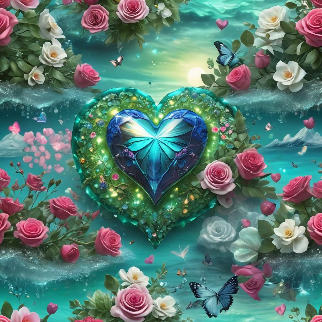 Sapphire Seashore with Glowing Heart, in Surreal Digital Art