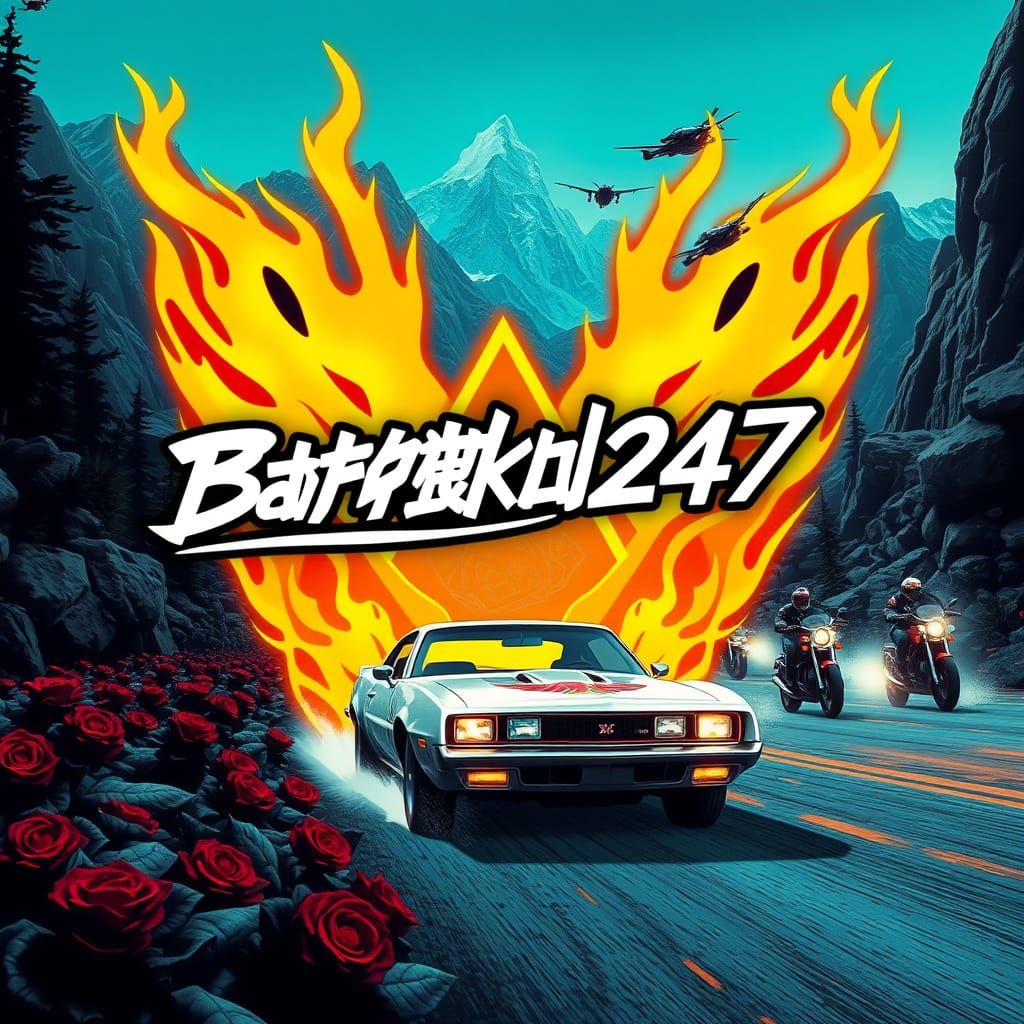 Futuristic Logo on Flaming Car in Cyberpunk City