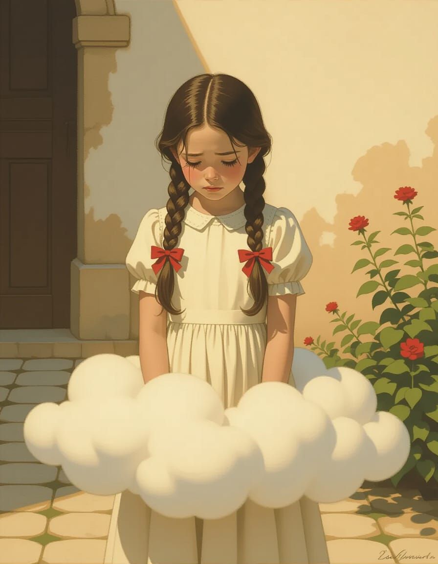 Girl on Cloud with Red Ribbons in Natural Light