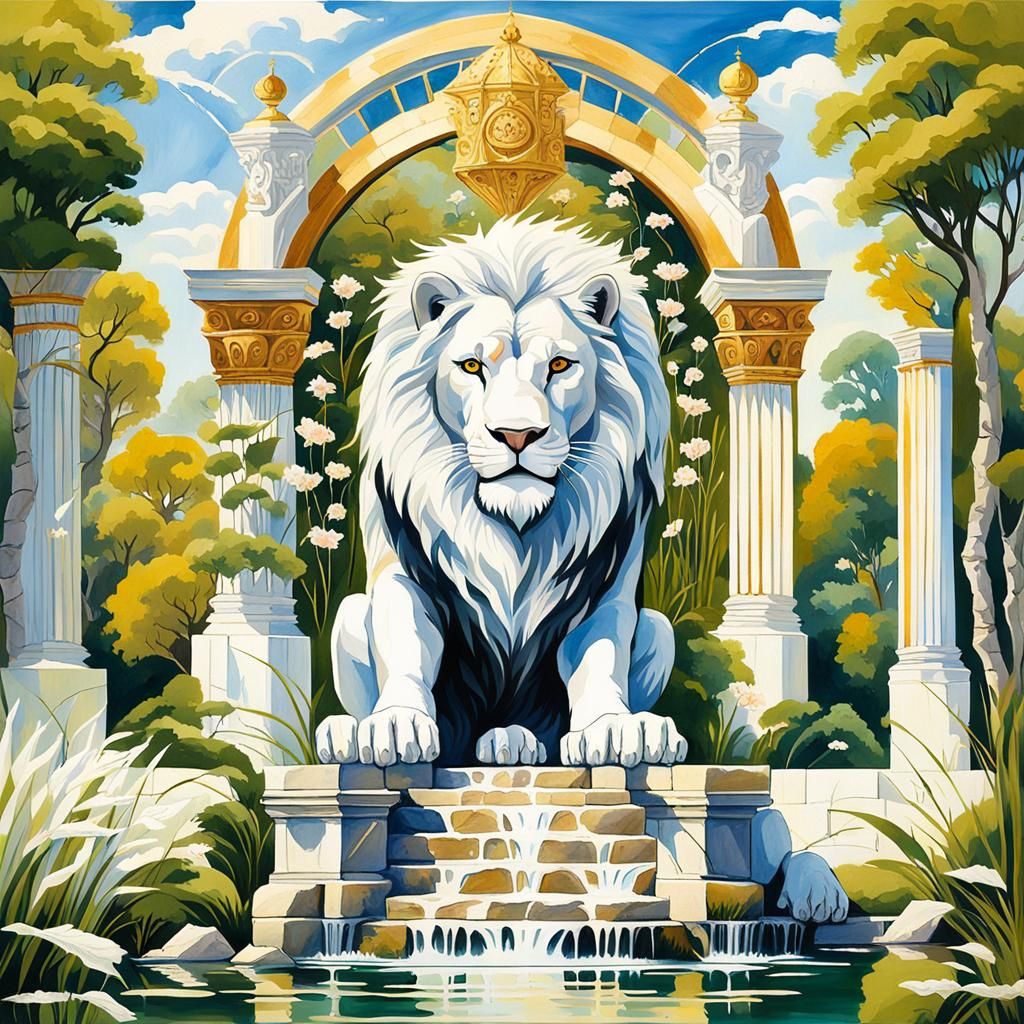 Winged Lion in Roman Garden: Impressionist Oil Painting