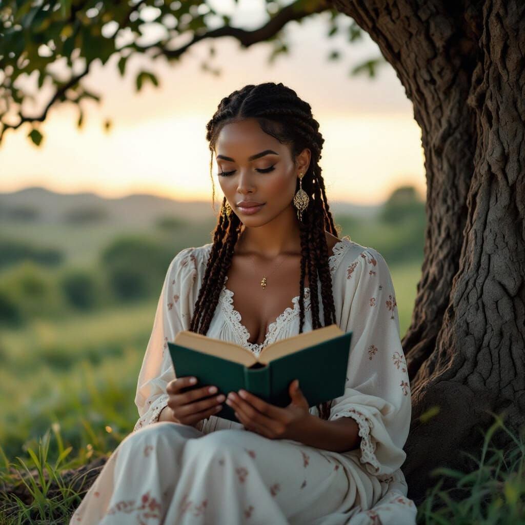 Black Woman Reading at Sunset, Cinematic Style