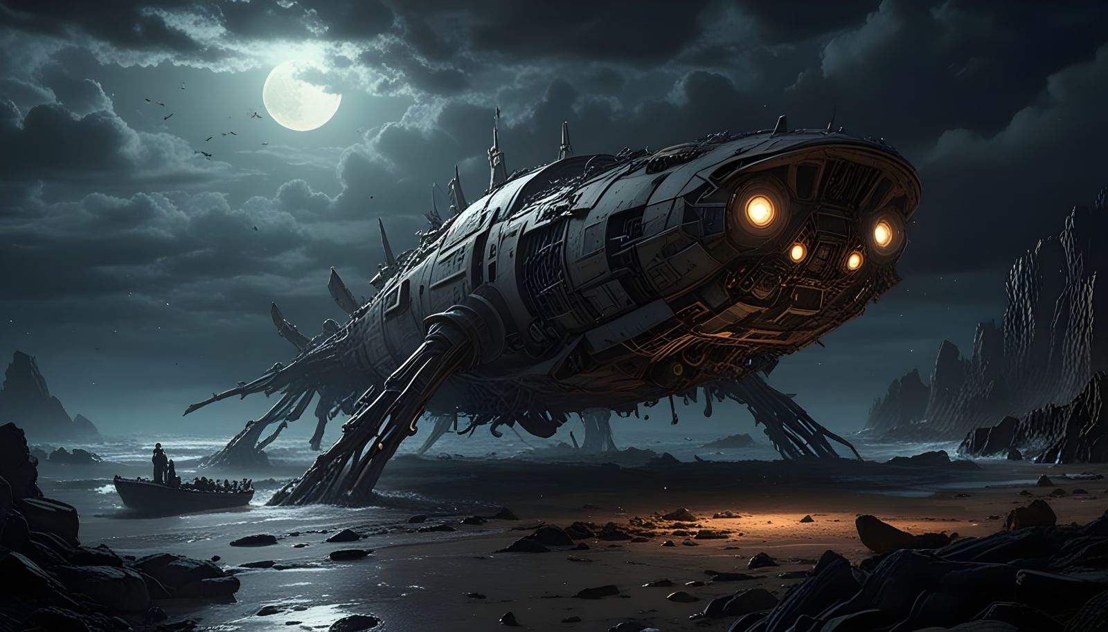 Crash-Damaged Alien UFO on Seabed at Night, in Hyper-Realist...