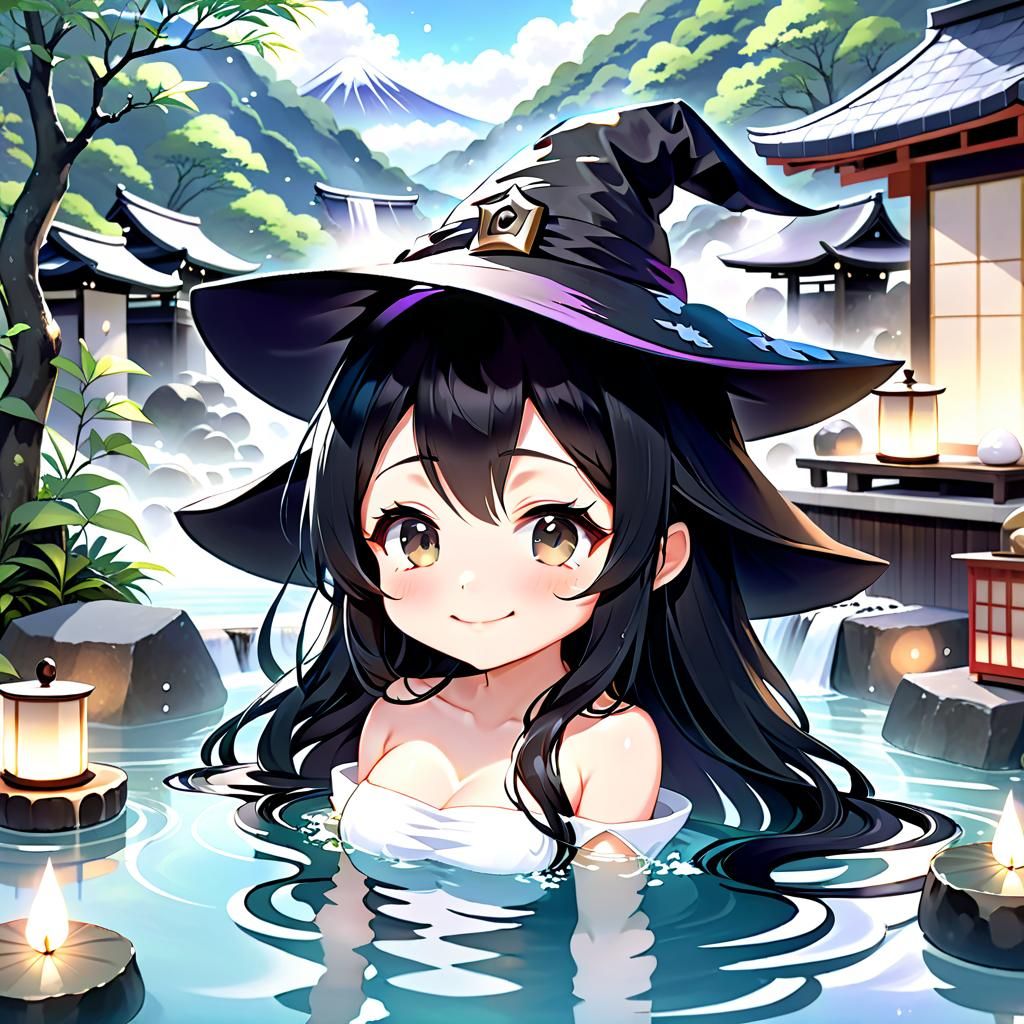Chibi Witch Relaxing in Outdoor Onsen: Anime Style