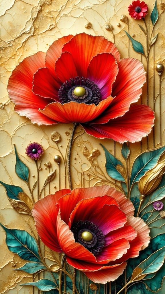 Surreal Poppies with Gold Dust and Geode Background