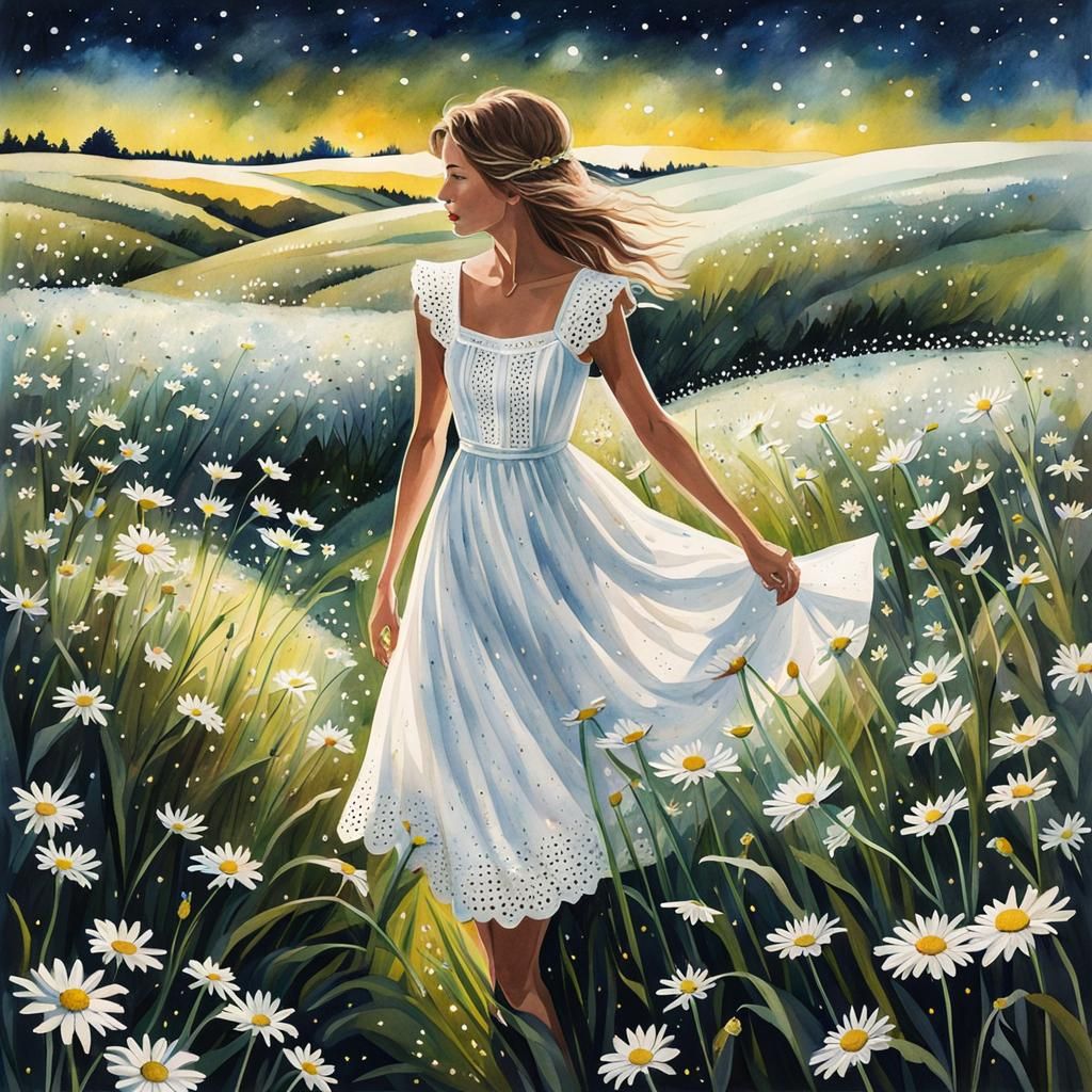 Woman in Daisy Field under Starry Moonlit Sky