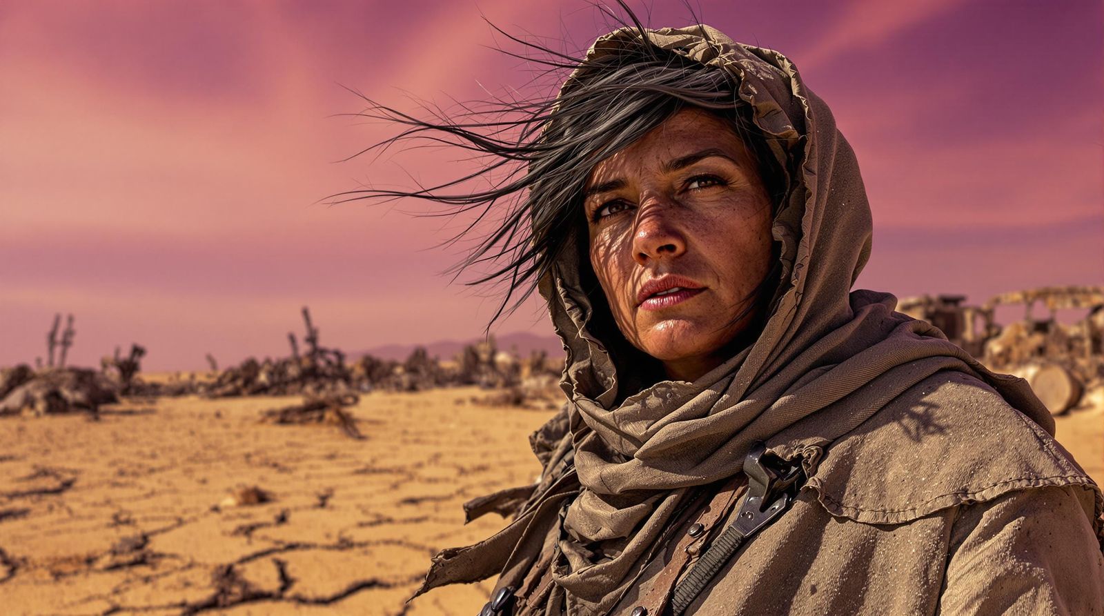 Desolate Wasteland Landscape Under Bruised Violet Sky