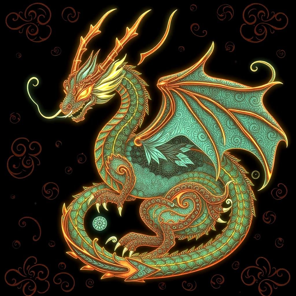 Bioluminescent Copper Dragon with Filigree Designs