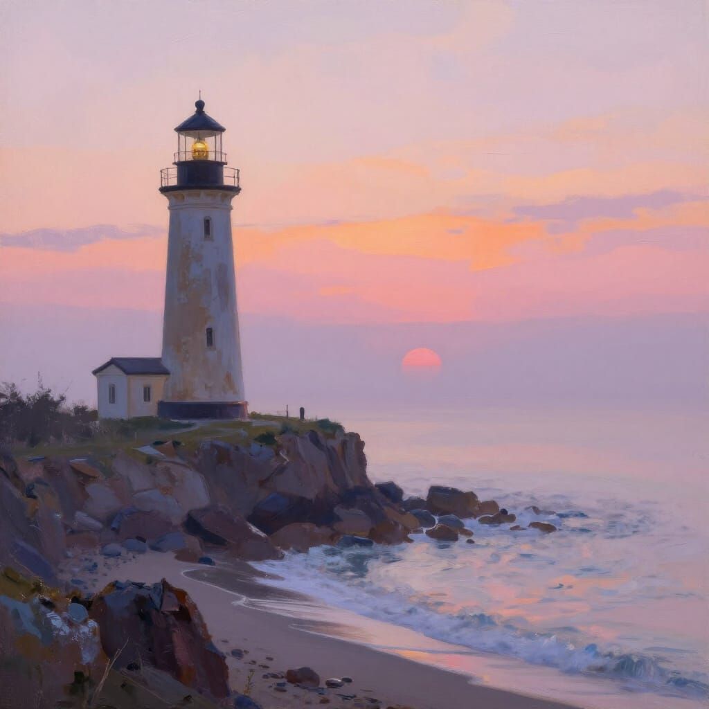 Misty Dawn Lighthouse on Rugged Cliff Overlooking Calm Sea