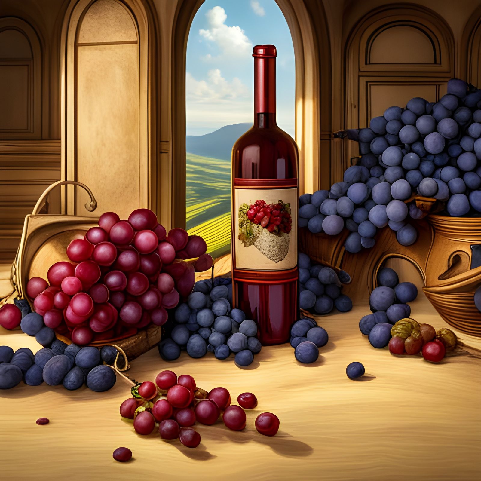 Lush Crimson Grapes and Wine in Classical Art