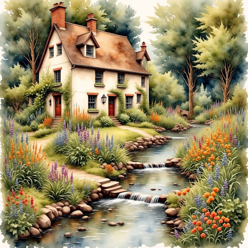 Cozy Cottage Stream in Antique Watercolor Style