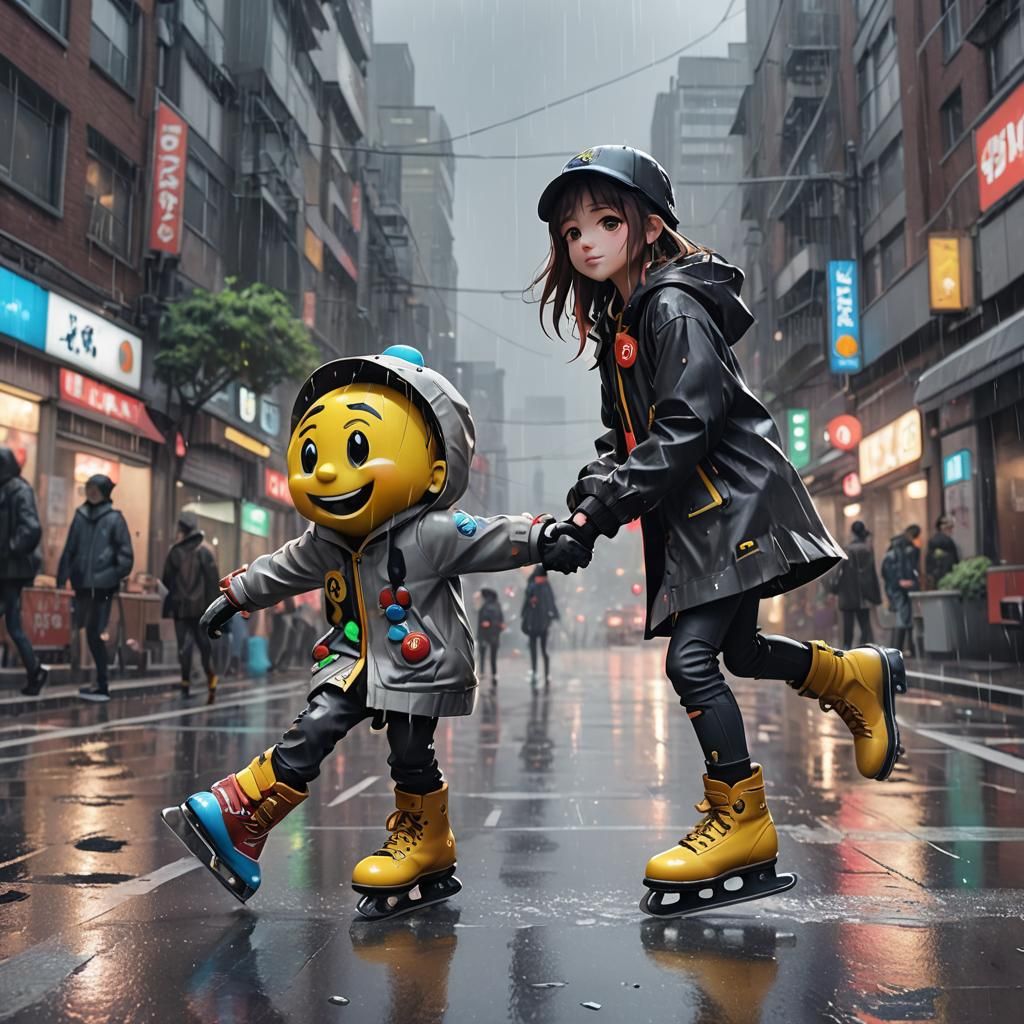 M&M Skates in the Rain: 3D Anime Art