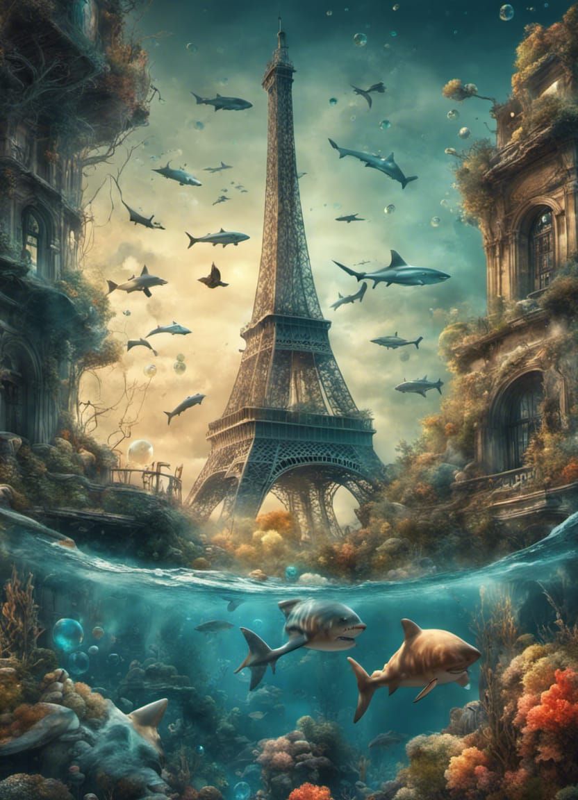 Post-Apocalyptic Eiffel Tower buried under water