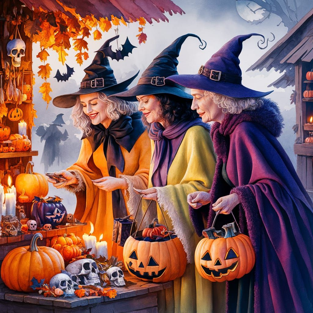 Festive Witches Shopping for Halloween: Watercolour Illustra...