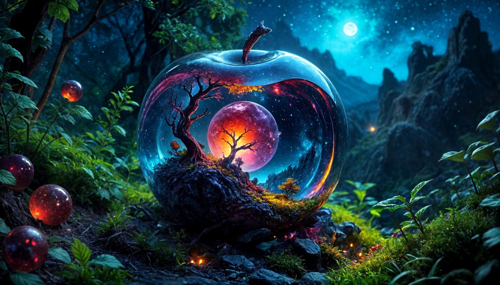 Vibrant Crystal Apple in Celestial Landscape