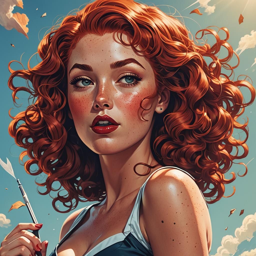 Retro Pin-Up with Red Hair in Comic Book Style