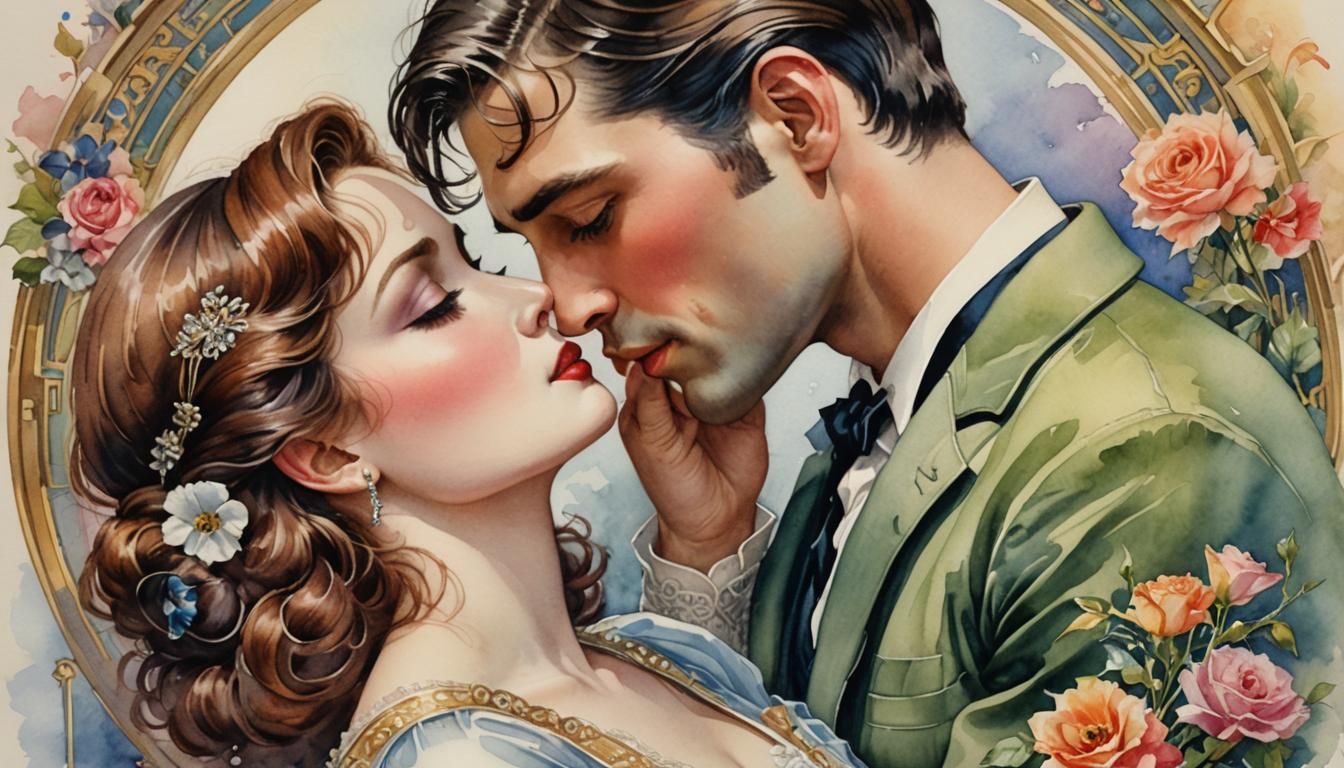 Romantic Lovers Kiss in Dreamy Art Deco Style