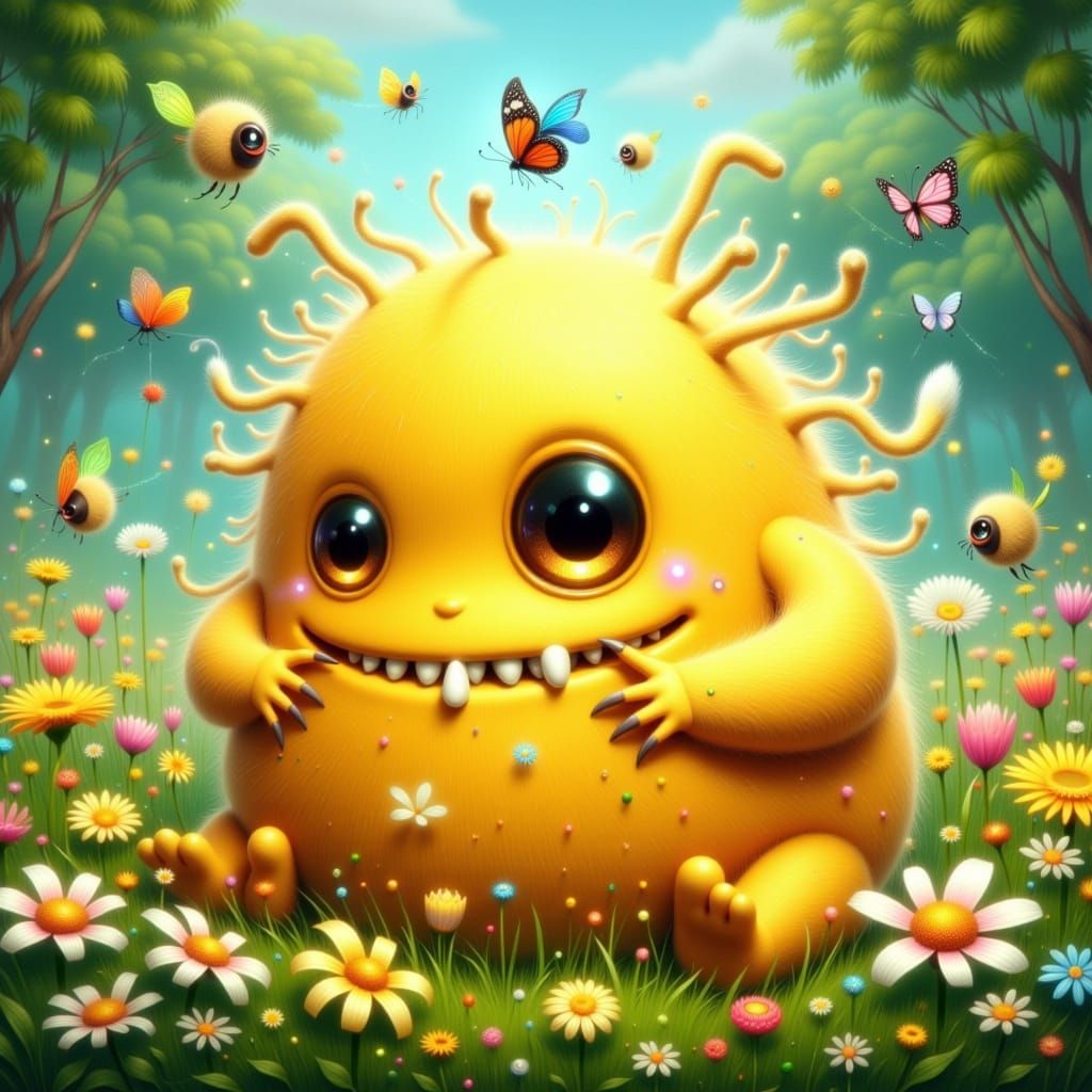 Whimsical Yellow Monster Sits in Lush Green Meadow