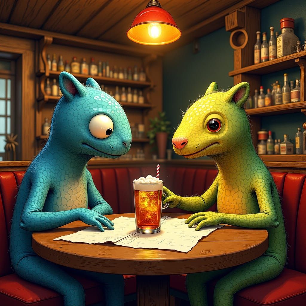 Rock, Paper, Scissors Enjoy Drinks in Cozy Pub