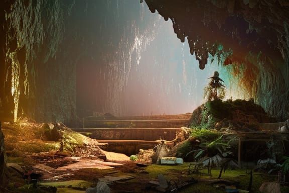 Spooky Abandoned Cave with Shrine: Digital Illustration