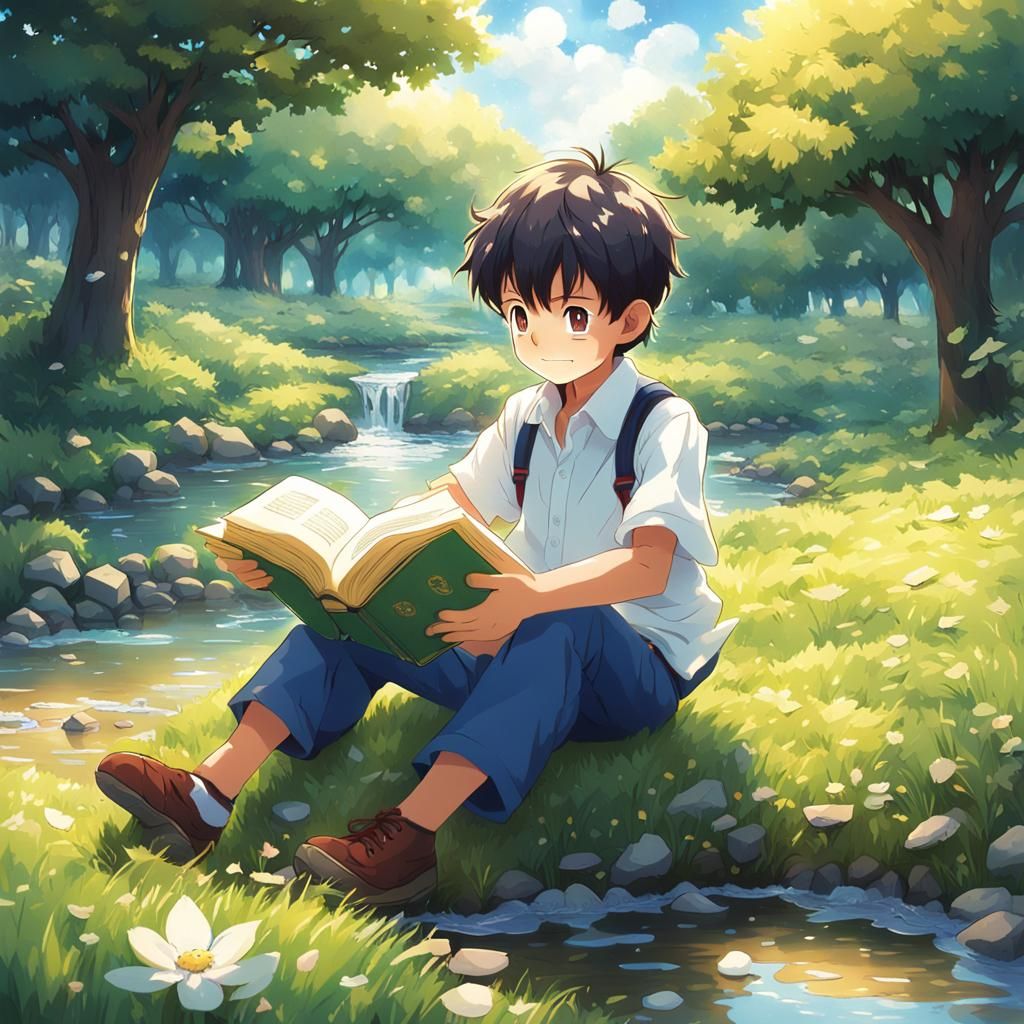 Happy Boy with Book in Anime Style