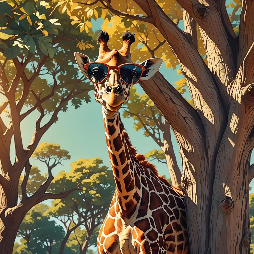A GIRAFFE wearing sunglasses by A TALL TREE