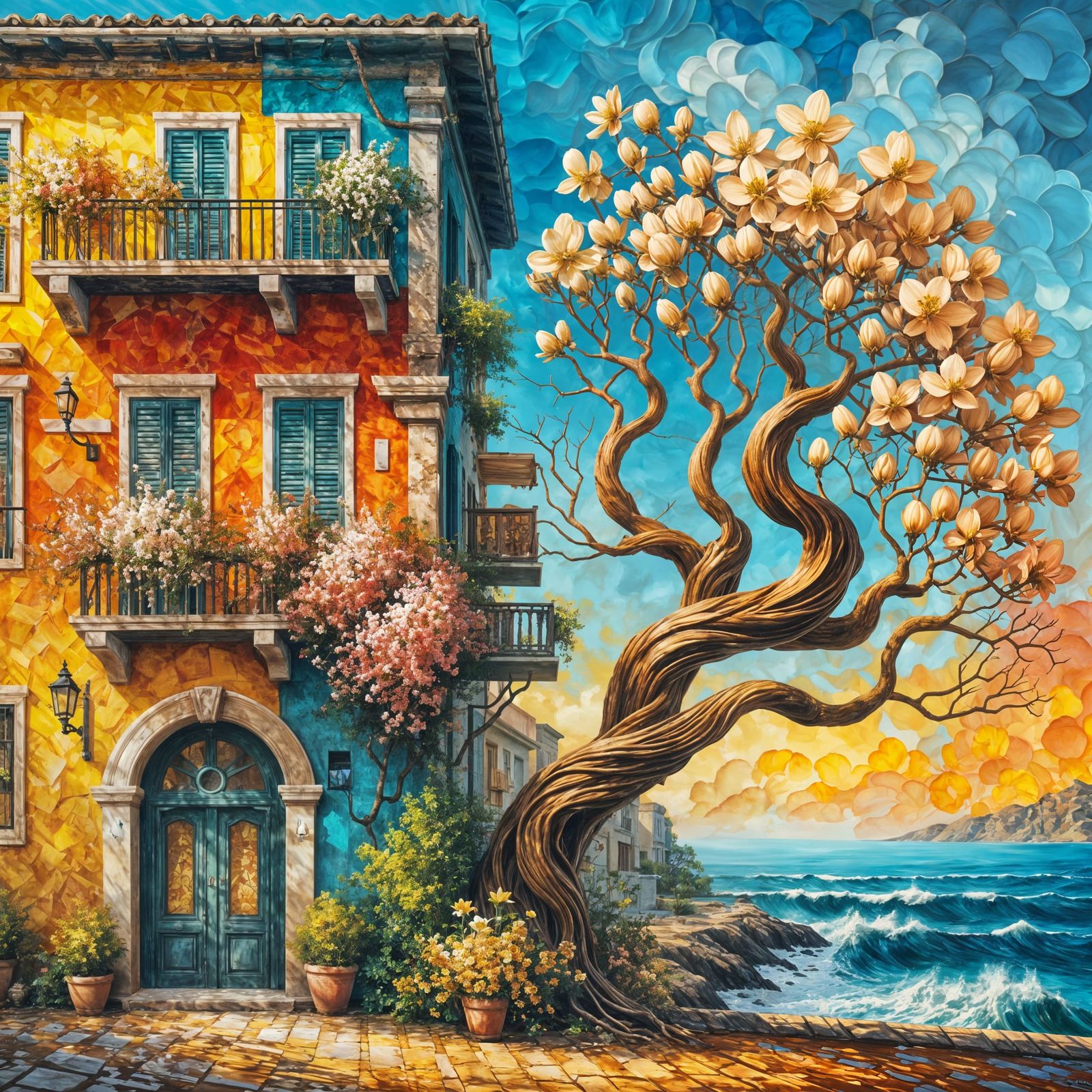 Mediterranean Village Façade in Post-Impressionistic Oil Pai...