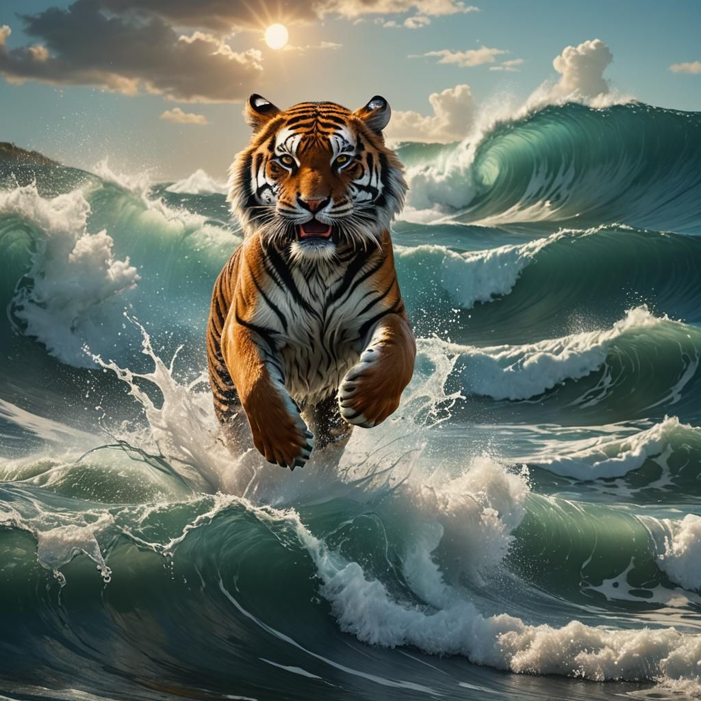Tiger Leaps Through Ocean Waves: Hyper-Realistic Matte Paint...