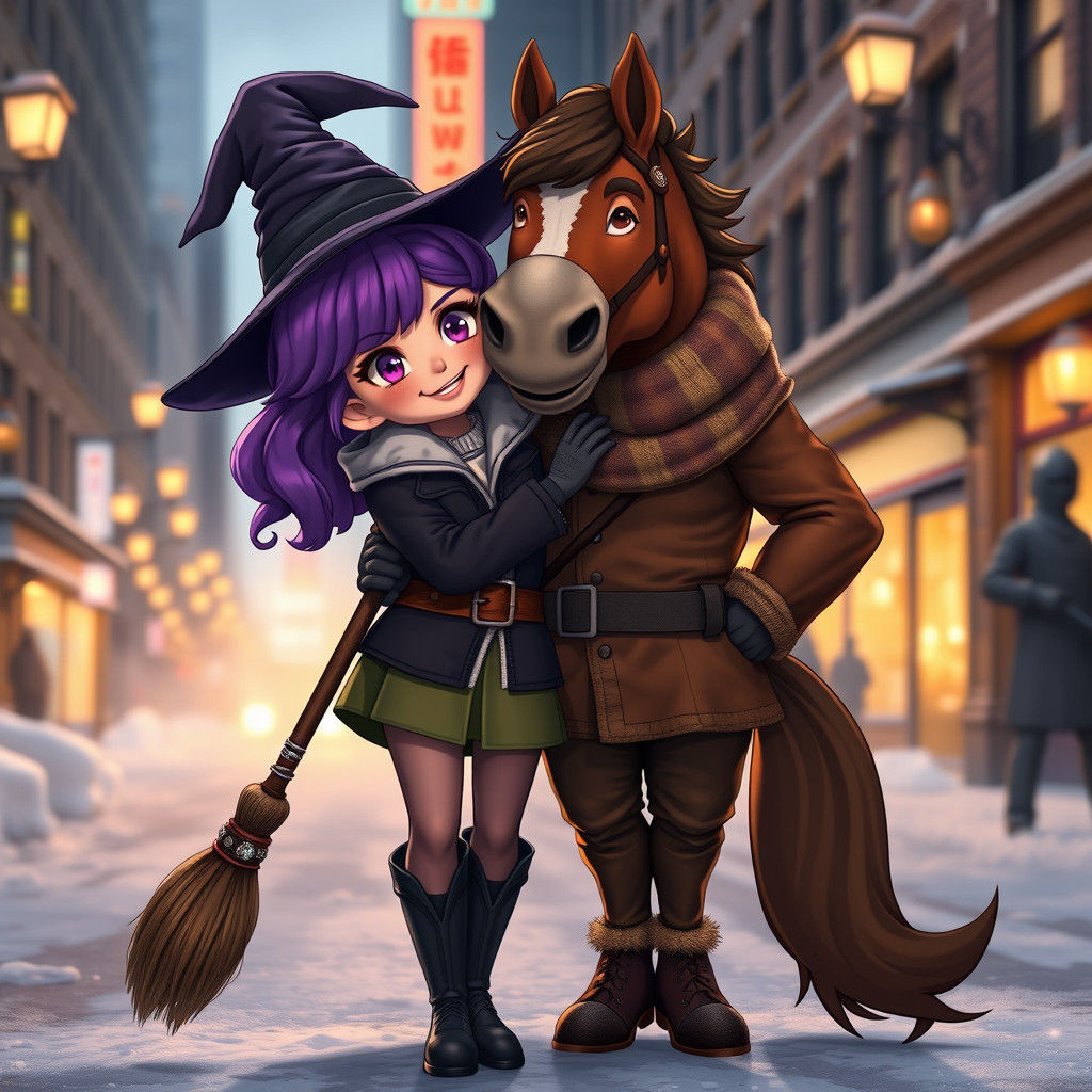 Whimsical Witch and Centaur Embrace in Winter City