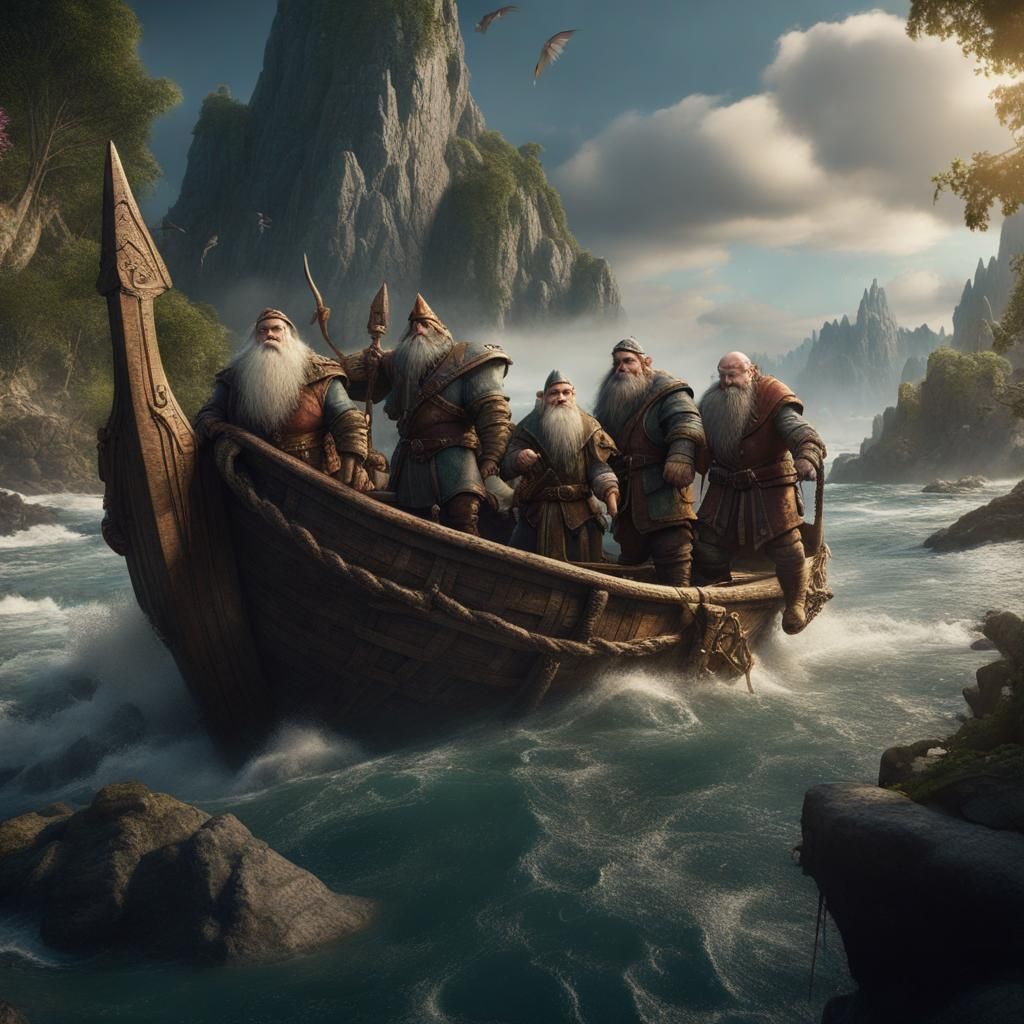 Fantasy Teamwork: Fairies, Ogres and Elves Pulling Boat