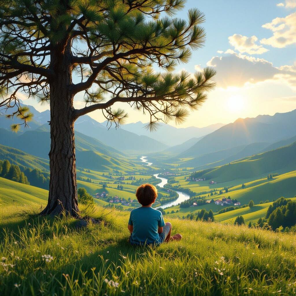 Boy on Hilltop Overlooking Mountain River Vista