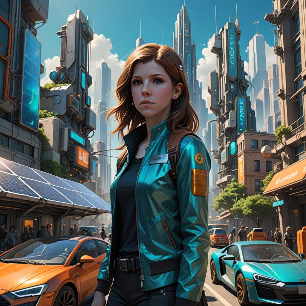 Anna Kendrick in Vibrant Solarpunk Cityscape