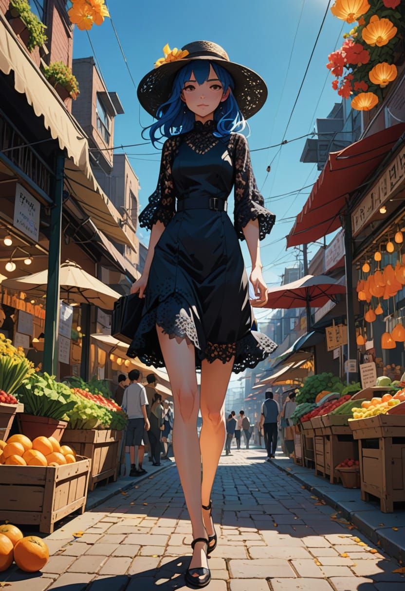 Elegant Young Woman Stands Out in Vibrant Strip Mall Flea Ma...