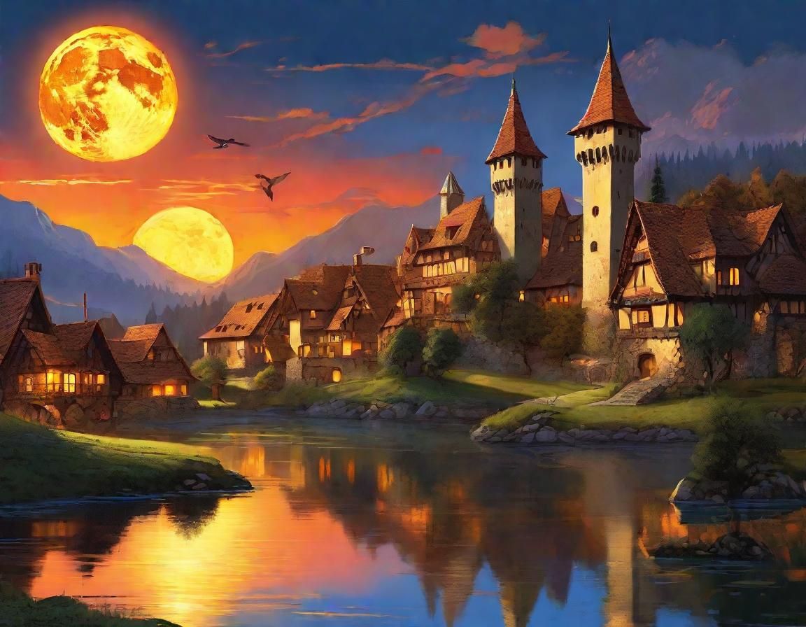 Medieval Village Under Giant Moon in Fantasy Art Style