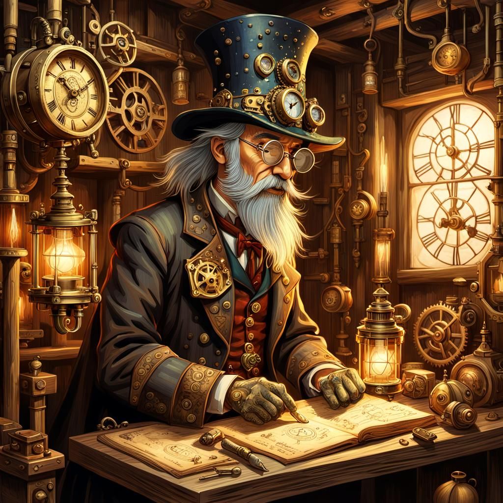 Steampunk Wizard in Laboratory with Clockwork Mechanisms
