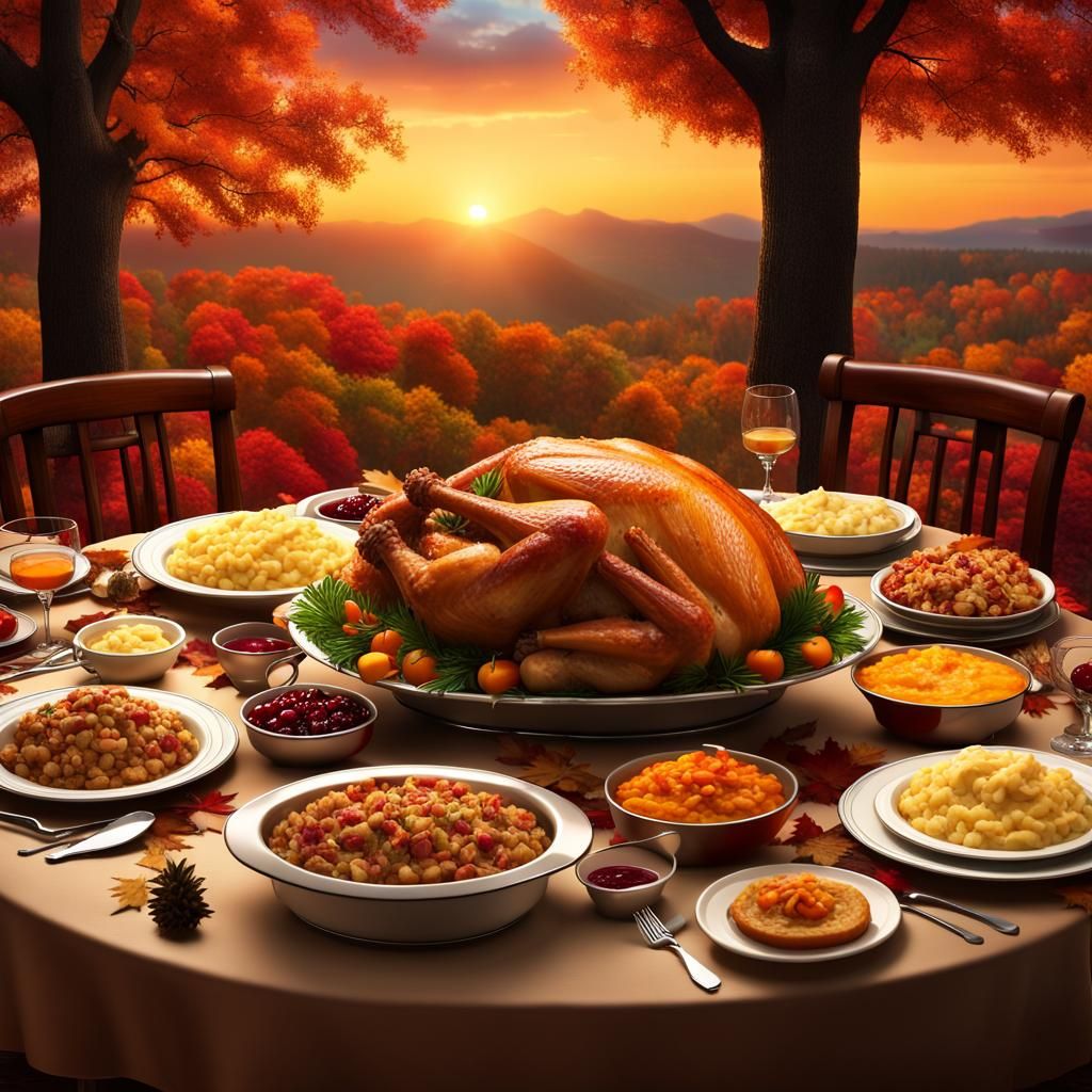 Thanksgiving Feast in Autumn Sunset: Fantasy Art
