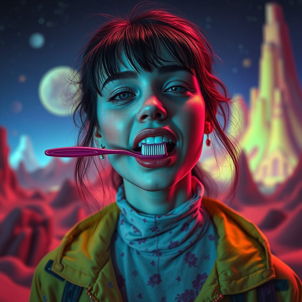 Whimsical Woman in a Fantastical Futuristic Landscape