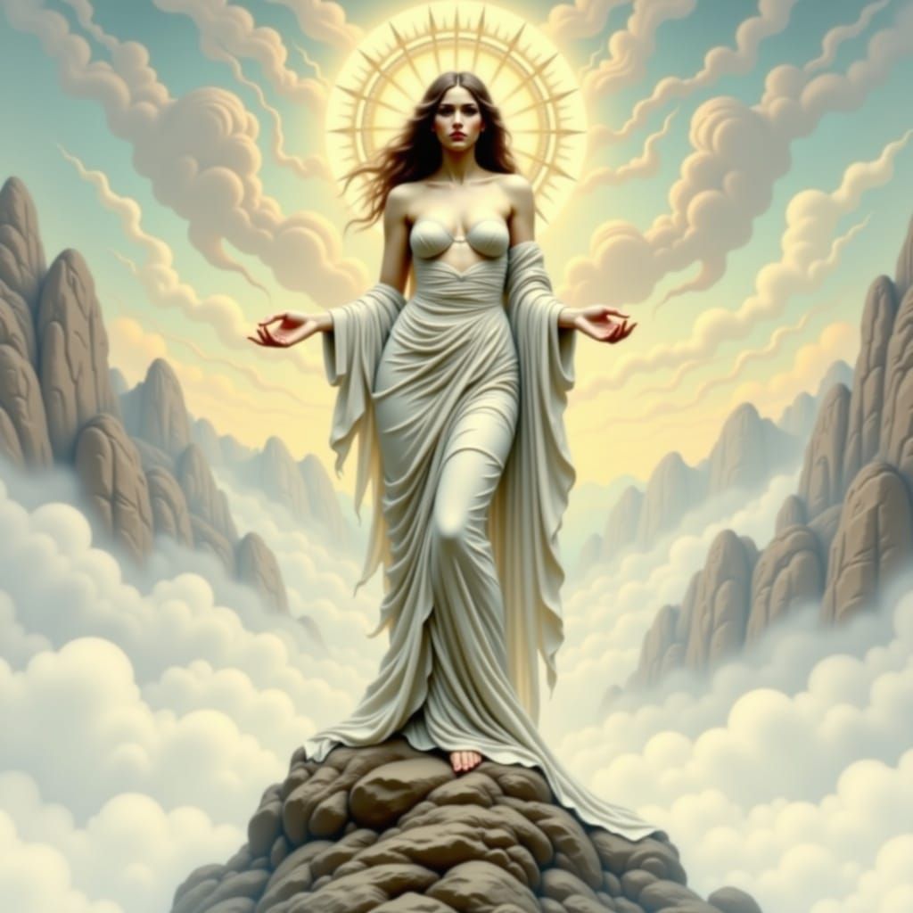 Ethereal Goddess on Majestic Mountain Summit, Radiant with L...