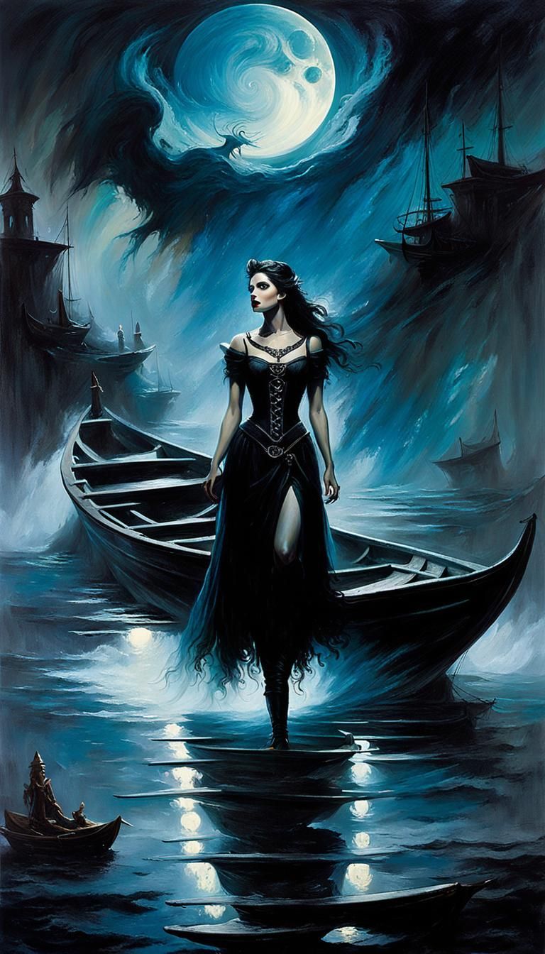 Gothic Girl on Mystical Boat in Dark Fantasy Art
