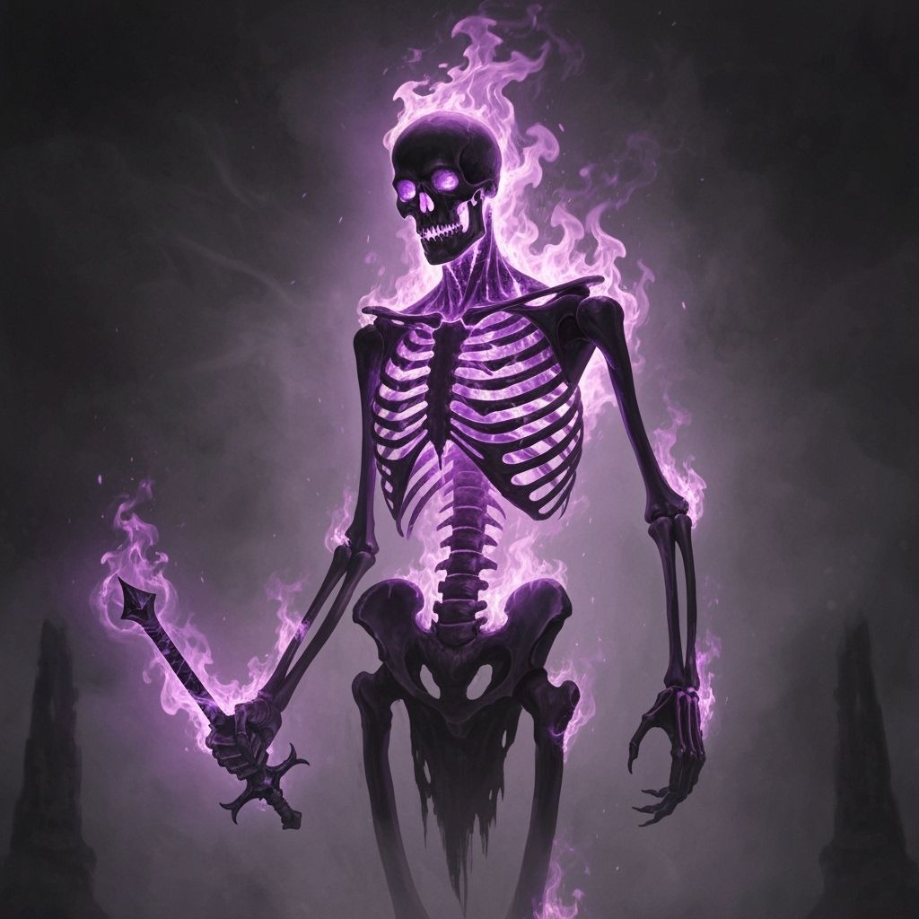 Skeletal Figure Engulfed in Purple Flames with Dark Weapon