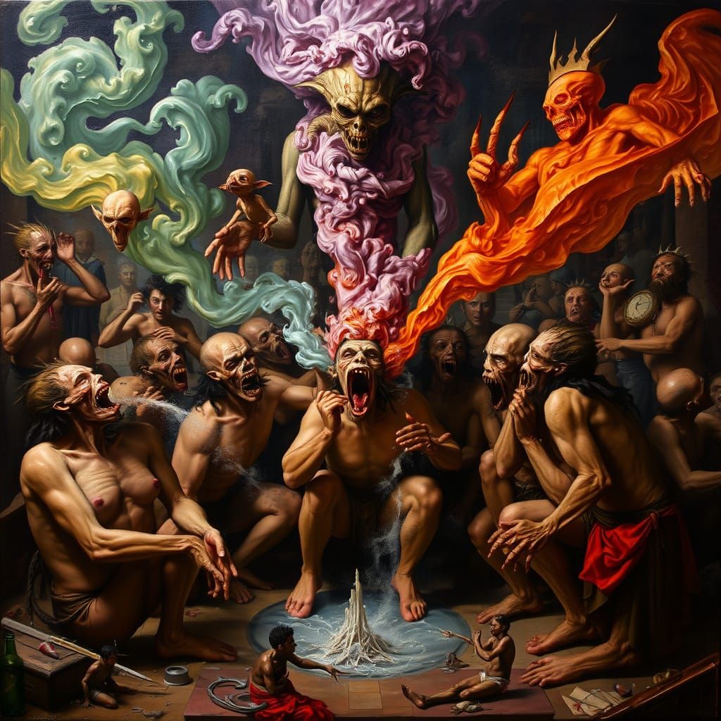 Surreal Oil Painting of Grotesque Figures and Alien Baptism