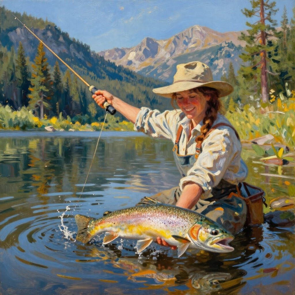 Woman Reels in Giant Fish on Sun-Dappled Lake