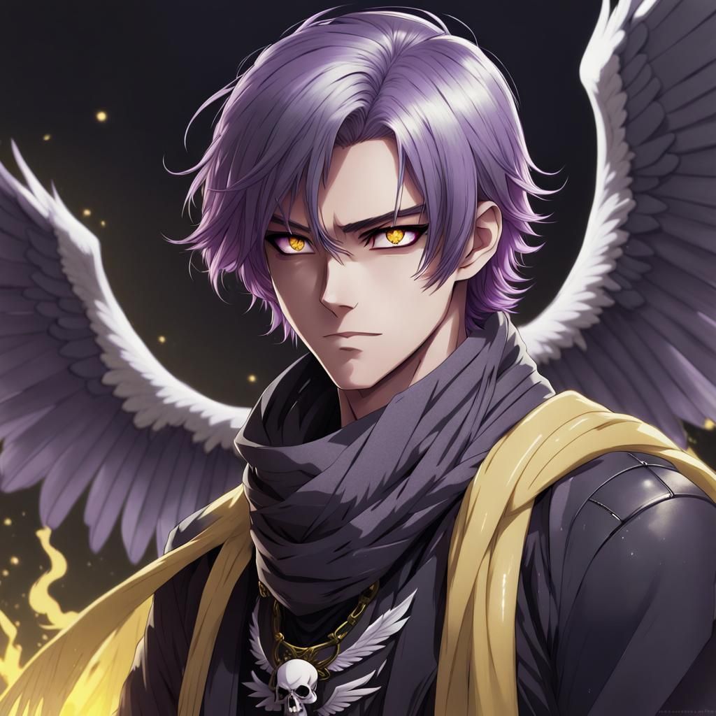 Aasimar Anime Character with Black Wings and Purple Hair