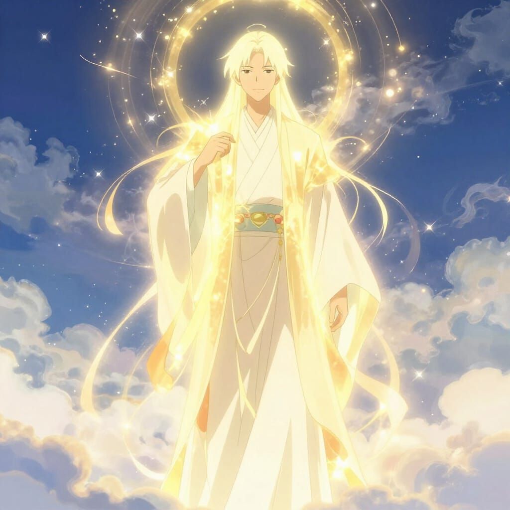 Divine Anime Father Radiating Golden Light in Celestial Clou...