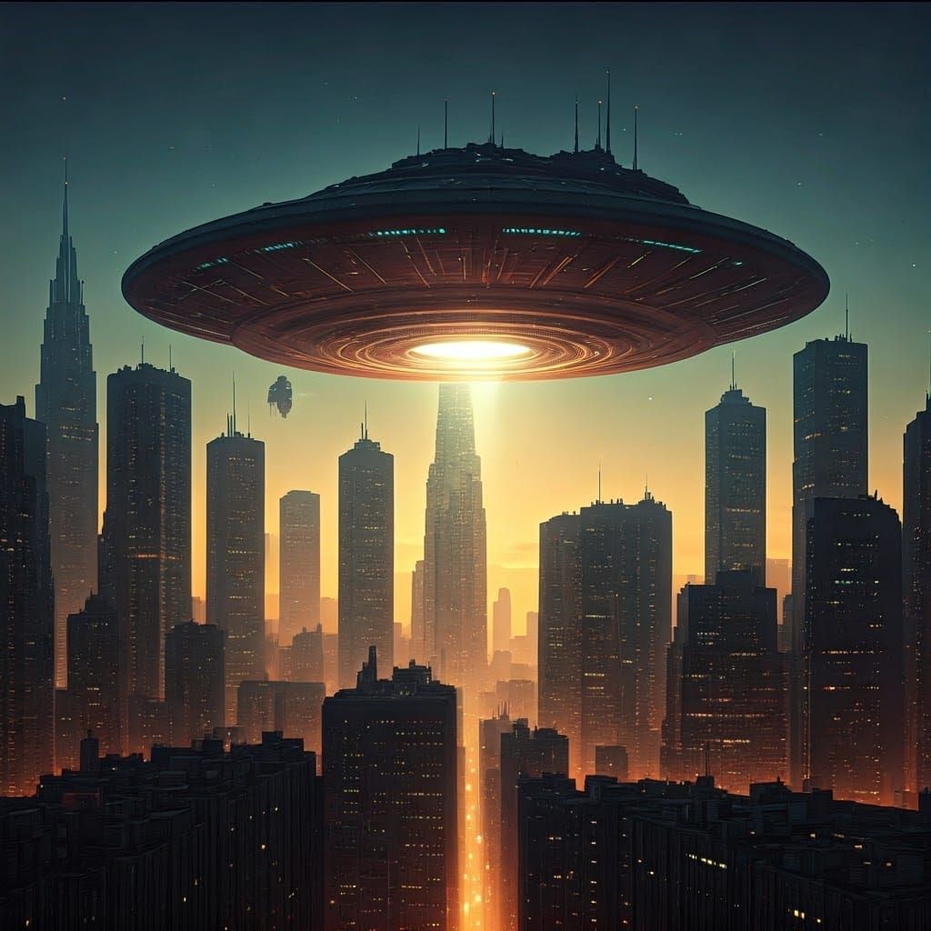 Cyberpunk UFO Descends Upon Futuristic City