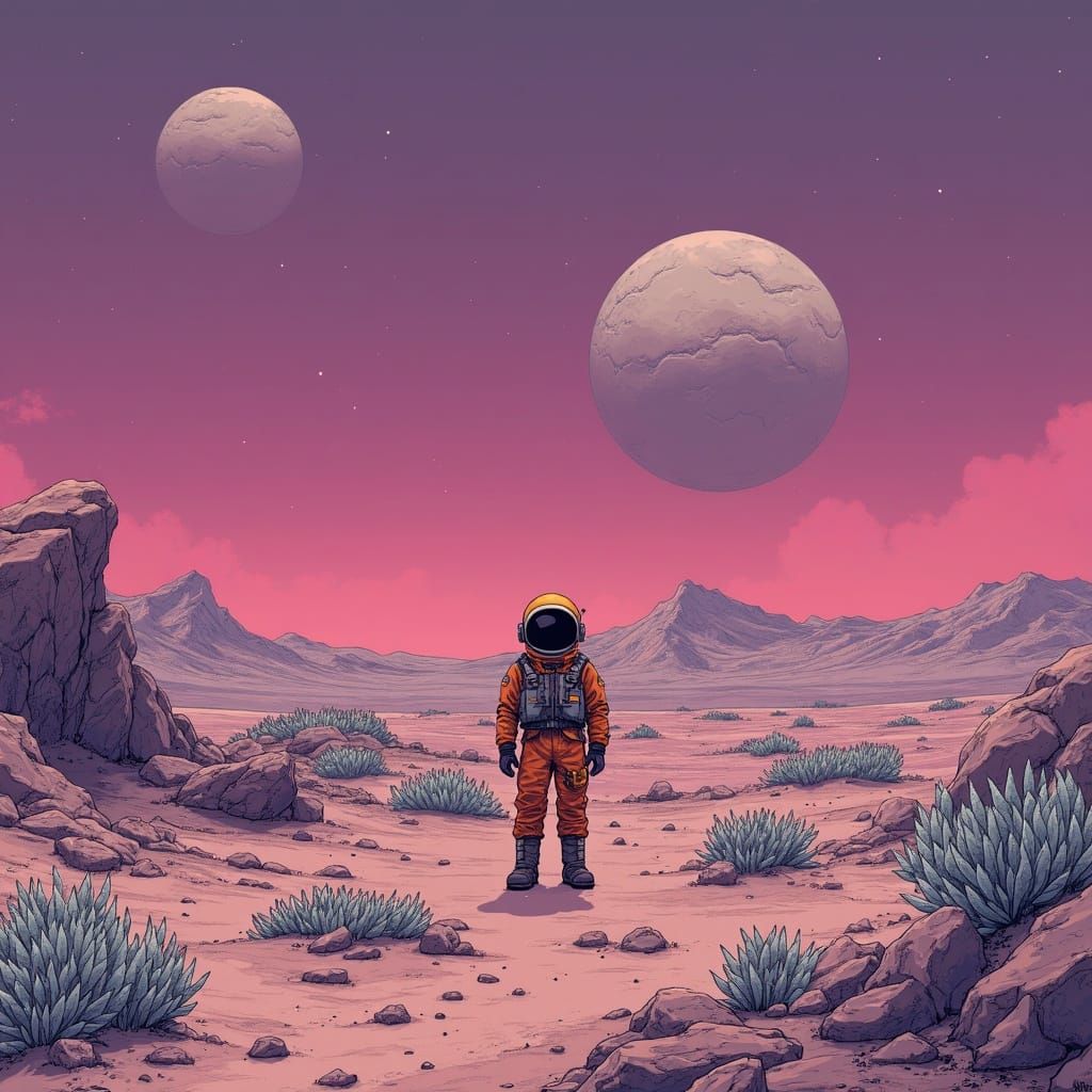 Astronaut on Alien Planet Under Twin Moons, Moebius Style