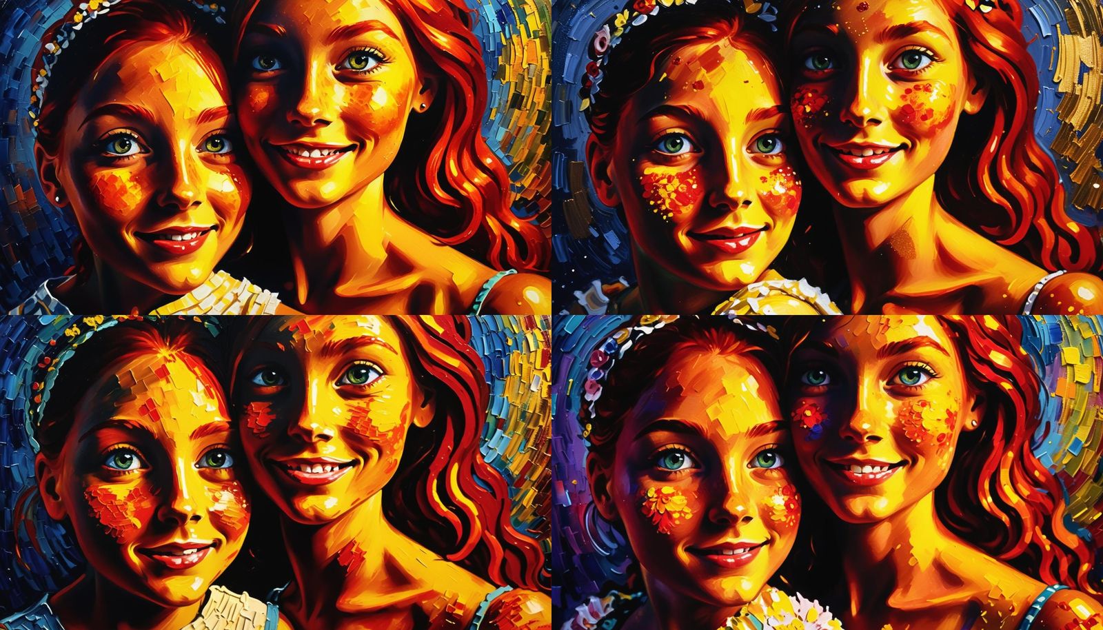 Redhead Twins Enjoying a Night Out: Impasto Painting