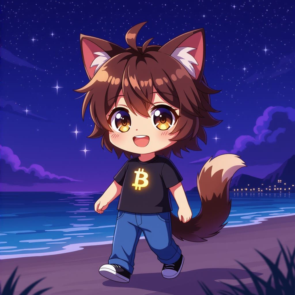 Adorable Anime Catboy with Bitcoin Shirt in Synthwave Style