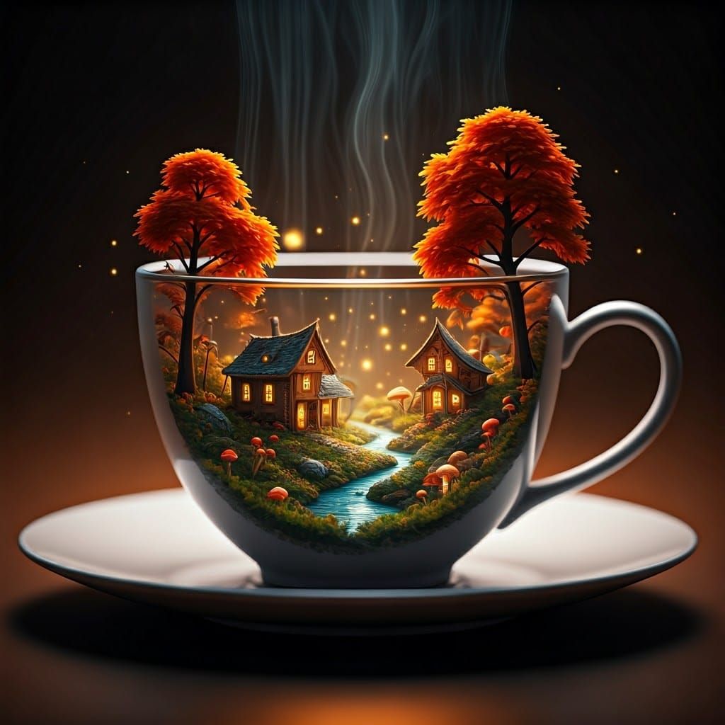 Miniature Autumn Fantasy World in Teacup